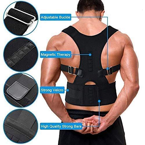 Man wearing adjustable posture corrector brace with magnetic therapy, available at NayiDeals.