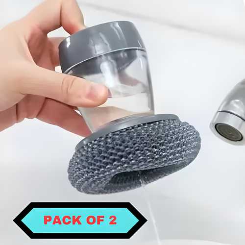 Hand holding soap dispensing dish scrubber set, pack of 2 kitchen cleaning gadgets from NayiDeals