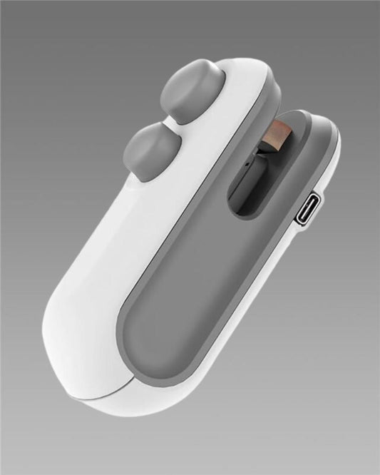 Portable white mini bag sealer gadget with grey buttons, USB charging port, trending on NayiDeals