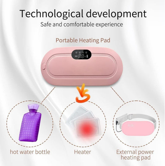 Pink portable heating pad comparison with hot water bottle, heater, and external power pad from NayiDeals