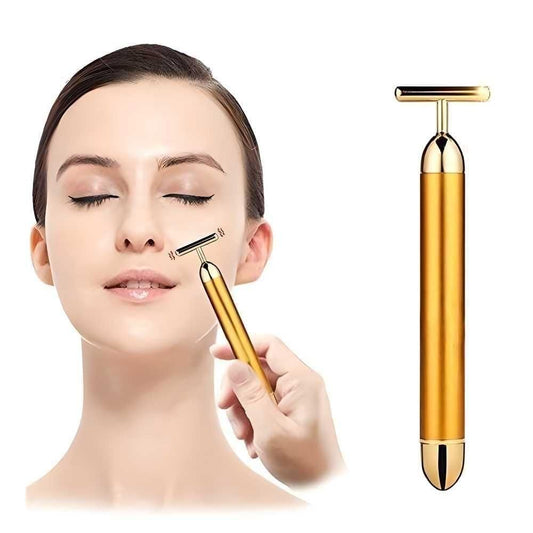 Gold beauty facial massager for skincare, shown used on woman's face, NayiDeals beauty gadget