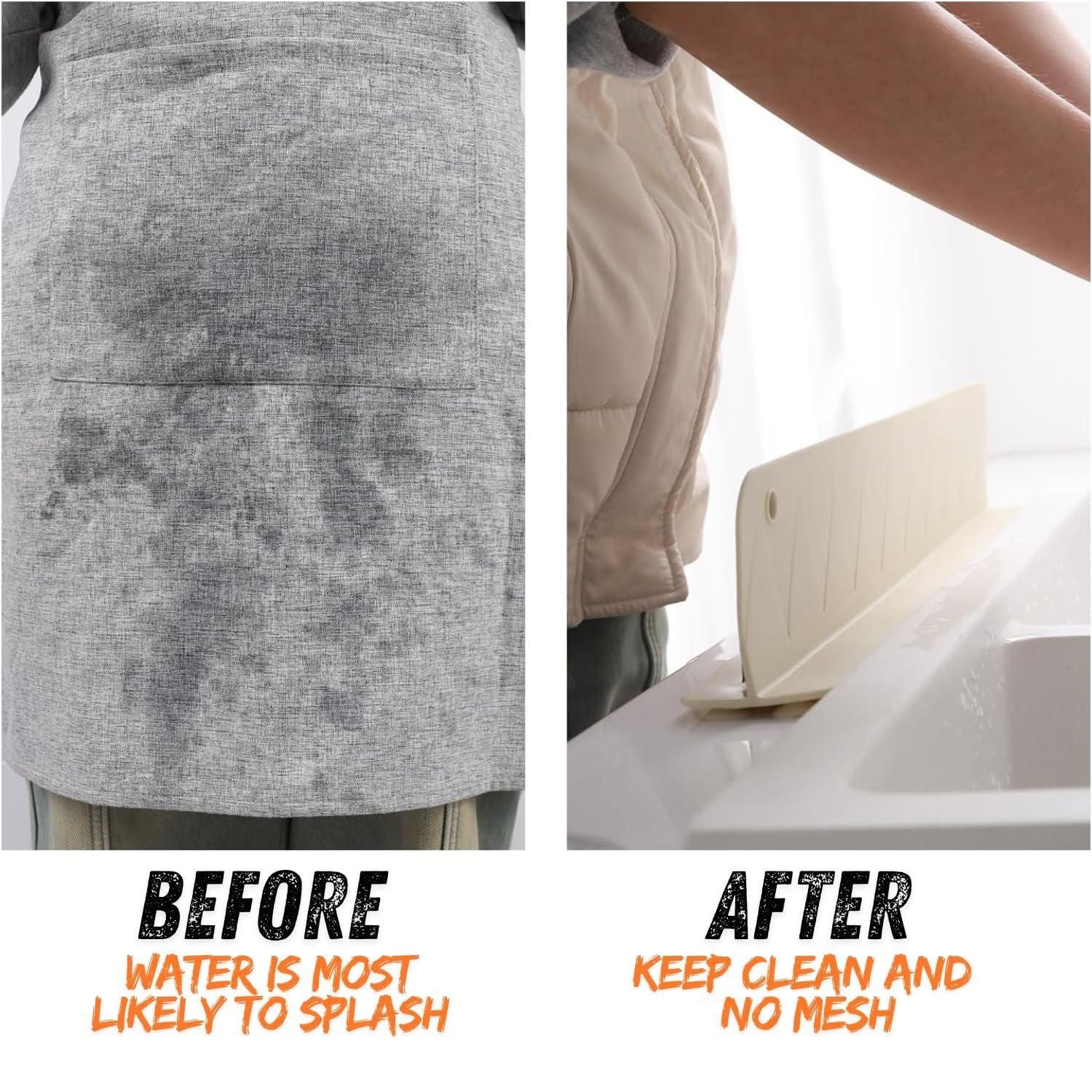 Before and after image showing apron wet from water splashes versus a clean sink with splash guard, NayiDeals kitchen gadget.