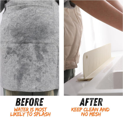 Before and after image showing apron wet from water splashes versus a clean sink with splash guard, NayiDeals kitchen gadget.