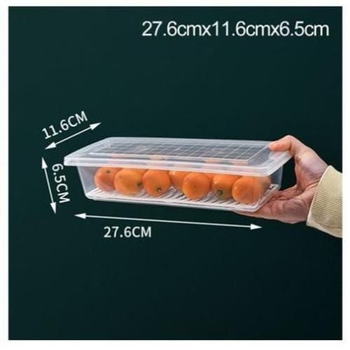 Transparent plastic storage container with lid, holding oranges, size 27.6x11.6x6.5cm