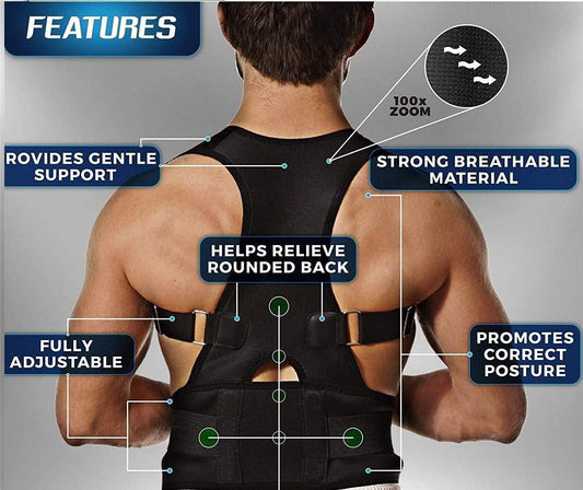 Man wearing black adjustable posture corrector with breathable material and support features